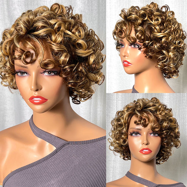Klaiyi Glueless Blonde Highlight Big Curly Fringe Wig Machine Made Human Hair Wigs