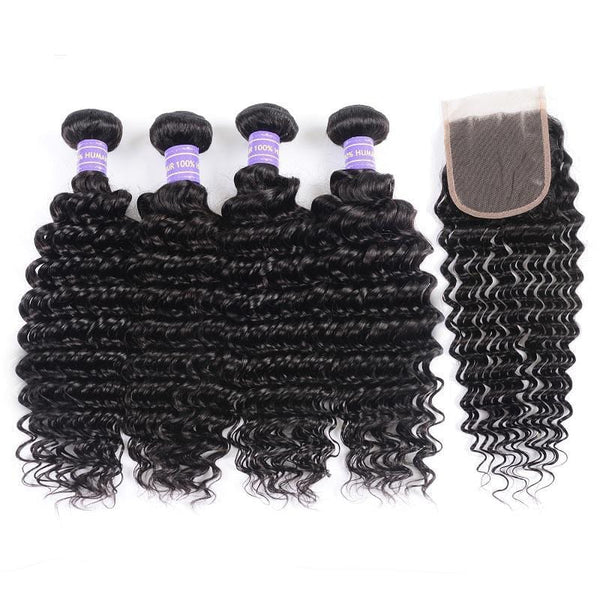 Klaiyi Remy Hair 4 Bundles Natural Black Brazilian Deep Wave Human Hair Bundles With Closure Youth Series
