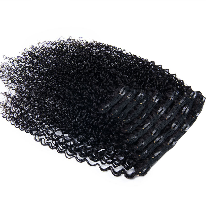 Klaiyi Hair Curly Clip in Human Hair Extension 9 Pcs/Set Full Head Natural Black Ponytail Hair Extensions