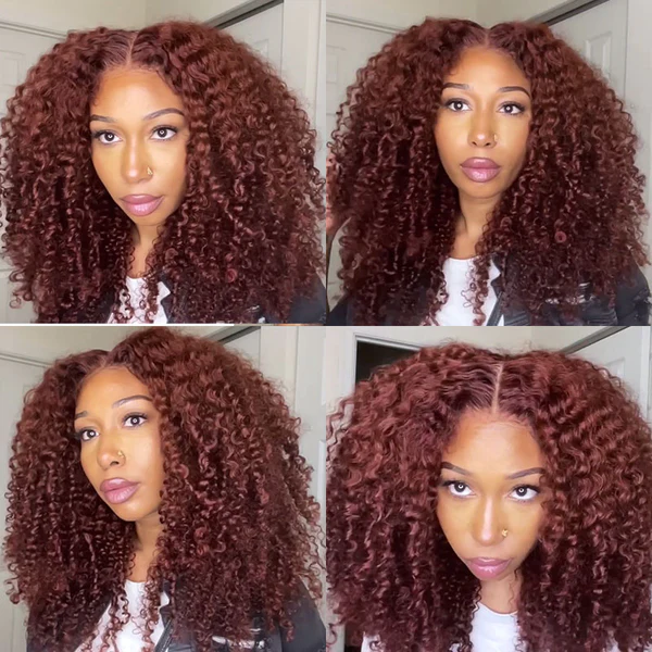 Extra 50% Off, Code:HALF50  | Klaiyi Auburn Brown Color 13x4 Glueless Lace Frontal Wig Kinky Curly Human Hair