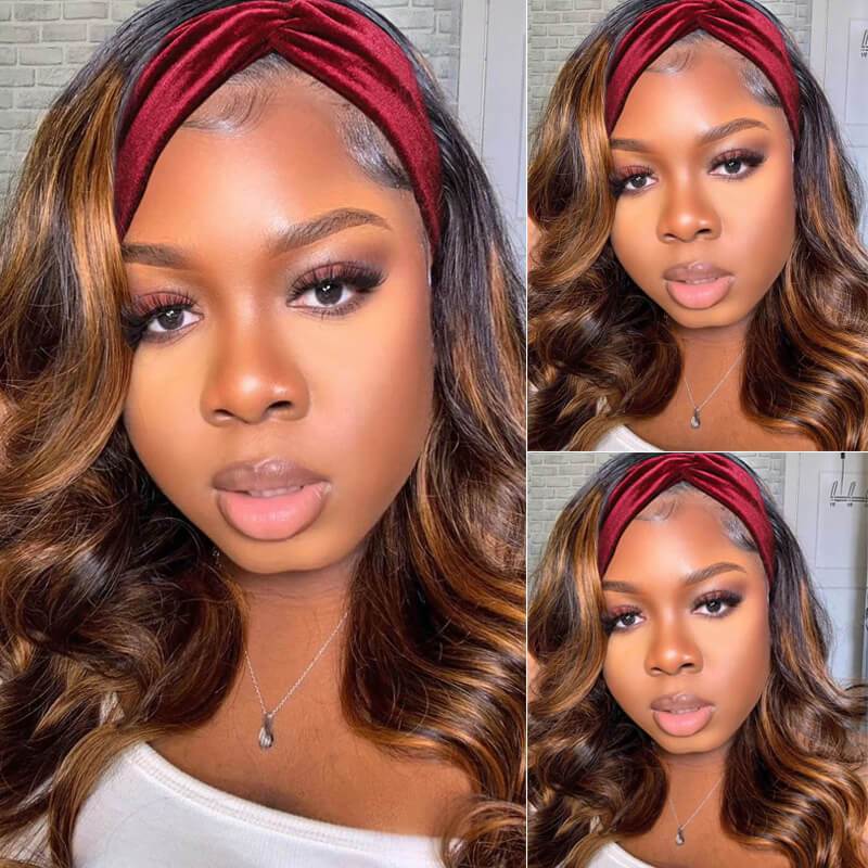 Klaiyi Dark Roots Balayage Highlight Body Wave Headband Wigs 1B/30 Ombre Color Human Hair Wigs