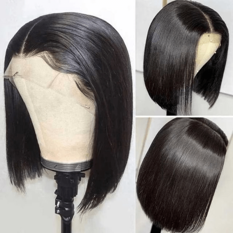 Klaiyi T Part Short Straight Human Hair Bob Wigs Middle Part Pre-plucked 150% Density