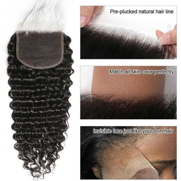 Klaiyi Invisible 5x5 HD Lace Closure Deep Wave 100% Virgin Human Hair Free Part Closure with Baby Hair