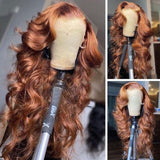 Klaiyi Voluminous Bouncy Curls Lace Front Loose Wave Wigs Chestnut Brown Highlight Color Wigs 180% Density