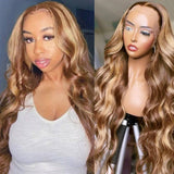 Klaiyi Honey Blonde Highlight Body Wave Human Hair Wigs 13x5 Middle Part Lace Front Wig T Part Lace Wig