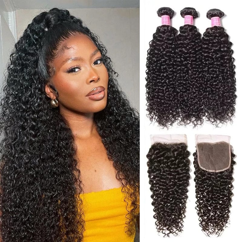 Brazilian Virgin Curly Hair 3 Bundles With 4*4 Lace Closure, Unprocessed Human Hair Extension-Klaiyi Hair