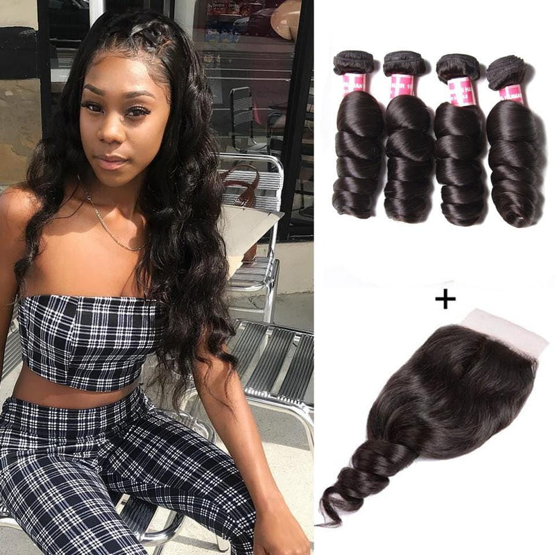 8A Grade Malaysian Loose Wave 4 Bundles with 4*4 Lace Closure-Klaiyi Hair