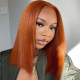 Klaiyi Short Bob Lace Front Wig Reddish Brown Auburn Copper Human Hair for Women