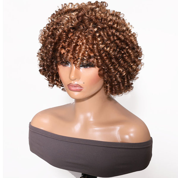 Klaiyi Hair Short Honey Blonde Bouncy Curly Bob Wig With Bangs Glueless Air Wig with Breathable Cap