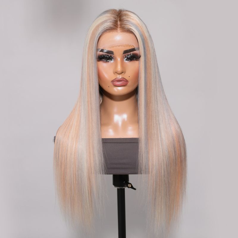Klaiyi Platinum Blonde Highlight 13x4 Lace Front Straight Wig Human Hair Wig Grey Blonde Highlights Flash Sale