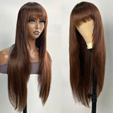 Buy 1 Get 1 Free,Code:BOGO | Klaiyi Middle Brown Bone Straight Wig With Bang Machine Made Human Hair