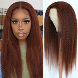 Klaiyi Kinky Straight Reddish Brown Lace Part Wig 13x5x0.5 T Part Hand Tied Lace Wig