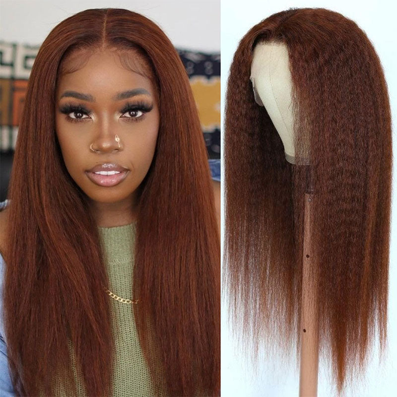 Klaiyi Kinky Straight Reddish Brown Lace Part Wig 13x5x0.5 T Part Hand Tied Lace Wig
