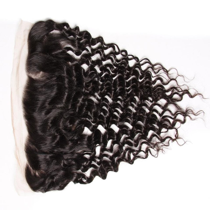 Klaiyi Malaysian Deep Wave Curly Hair 3 Bundles with 13*4 Ear to Ear Lace Frontal Closure