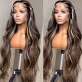 Buy 1 Get 1 60% OFF,Code:OFF60 | Klaiyi 13x4 Lace Front Wig Chocolate Brown With Peek A Boo Blonde Highlights Body Wave Wig
