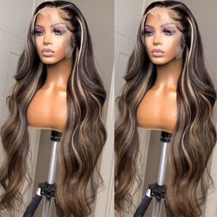 Klaiyi 13x4 Lace Front Wig Chocolate Brown With Peek A Boo Blonde Highlights Body Wave Wig Flash Sale