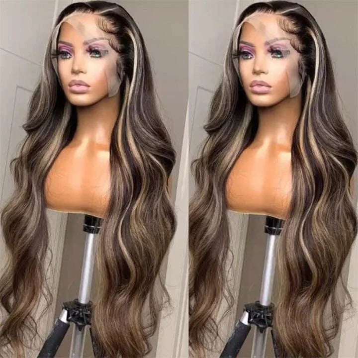 Buy 1 Get 1 60% OFF,Code:OFF60 | Klaiyi 13x4 Lace Front Wig Chocolate Brown With Peek A Boo Blonde Highlights Body Wave Wig