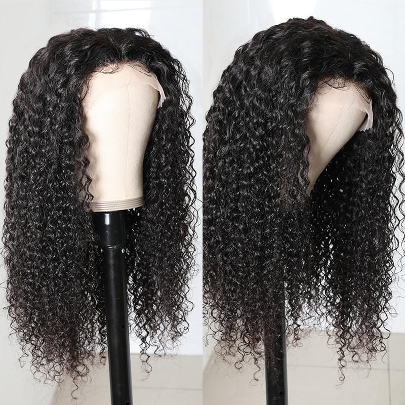 Klaiyi 13x5x0.5 T Part Unprocessed Hand Tied Lace Part Wig Jerry Curly Middle Part Lace Front Human Hair Wigs