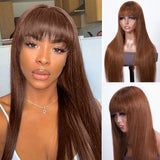 Klaiyi Glueless Wigs Human Hair with Layer Inner Buckle Dark Brown Color Bone Straight Wig with Bangs