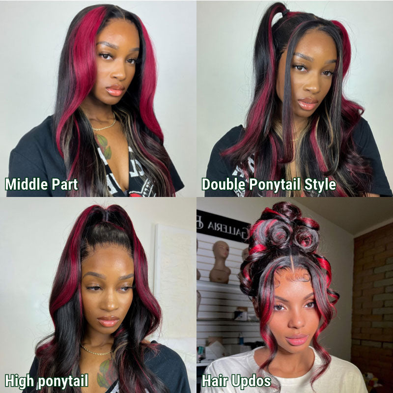 Klaiyi Multi Color Highlights 7x5 Bye Bye Knots/13x4 Lace Front Blonde And Red Body Wave Wigs Human Hair