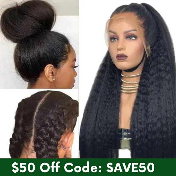 $50 Off Full $51- Kinky Straight Realistic Lace Frontal Wigs Natural Density Wig