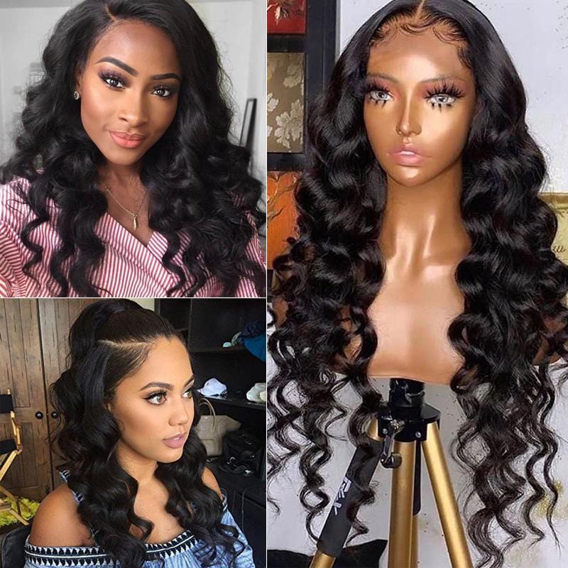 Klaiyi Best Loose Wave 13x4 Lace Front Human Hair Wigs Big Heatless Curls Hairstyle 150% Density