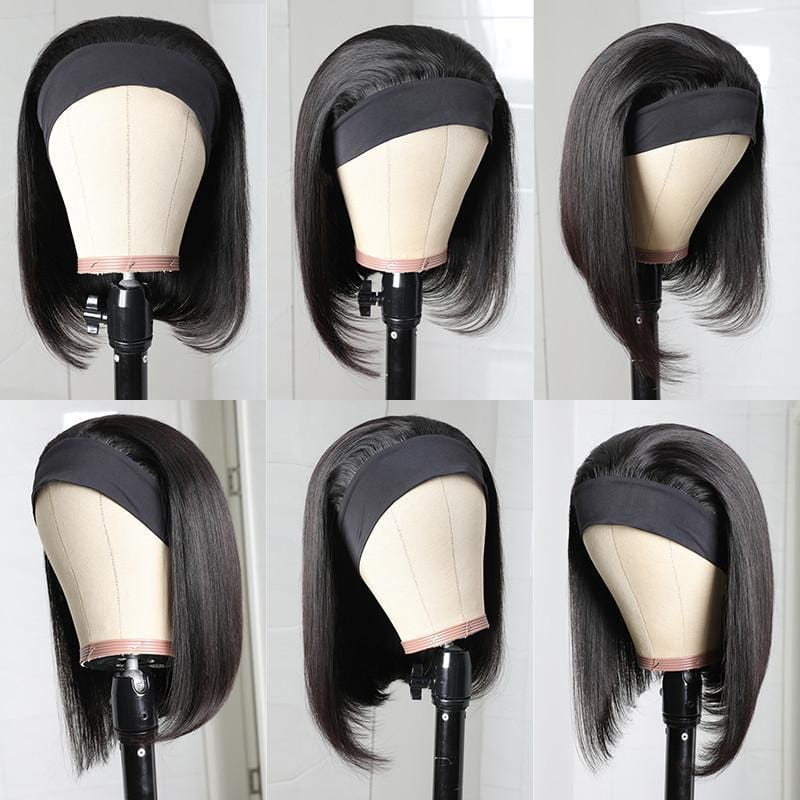 Klaiyi Short Straight BOB Headband Wig Natural Black Hair Wig 150% Density Glueless None Lace Wig