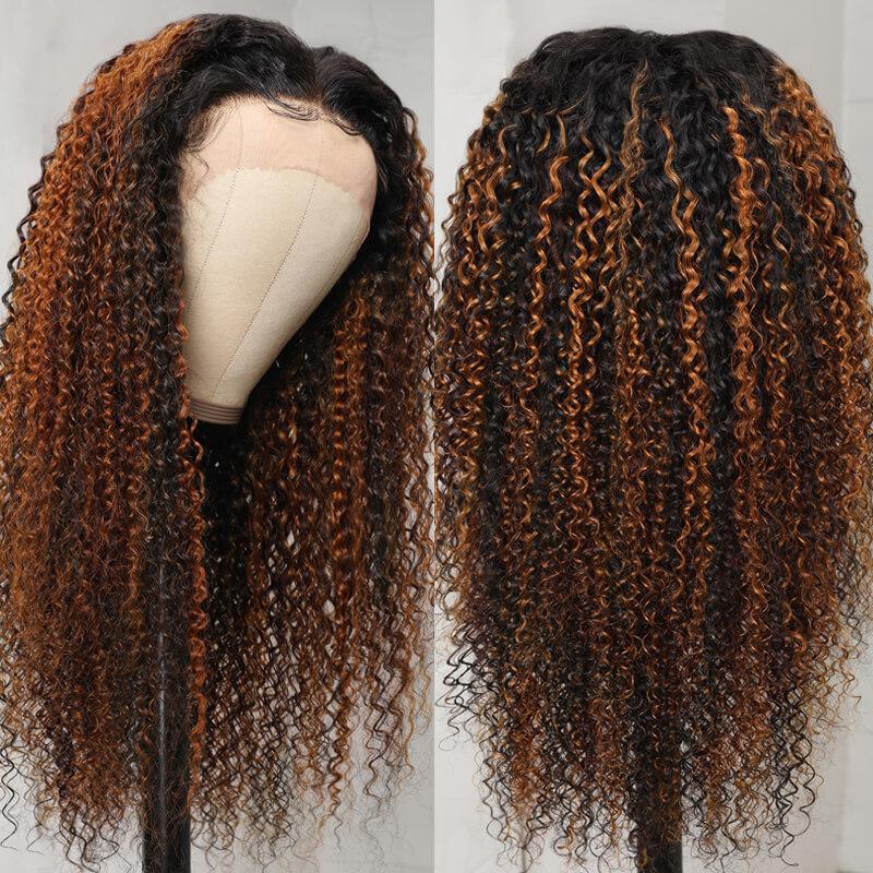 Klaiyi 180% Density Dark Roots Blonde Highlight Balayage Curly Hair Lace Front Wigs Best Colored Wigs Flash Sale