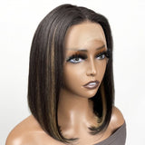 Klaiyi Hair Highlight Bob Wig with Blonde Stripes 13x4 Lace Front Bob Wig Blunt Cut Bob Wig