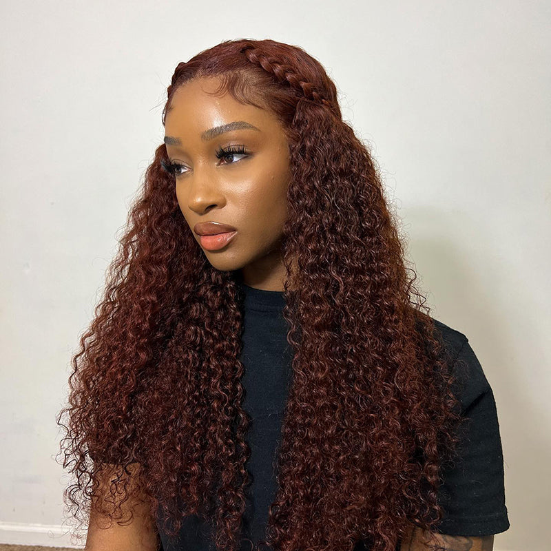 Klaiyi 6x4.75 Pre-Cut Swiss Lace Wig Put On and Go Reddish Brown Color Jerry Curly Flash Sale Bleach Knots