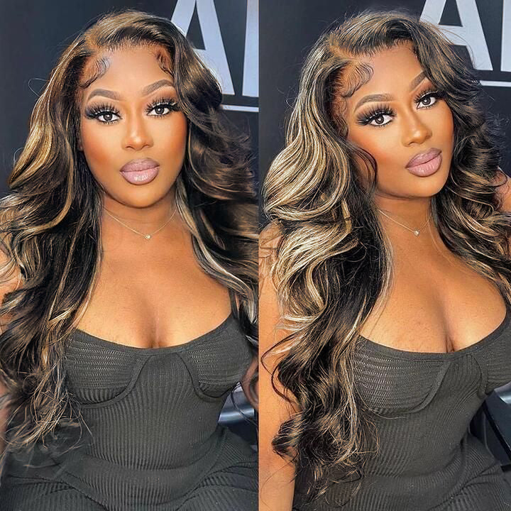 Klaiyi 13x4 Natural Color With Peek A Boo Blonde Highlights Lace Front Body Wave Wig