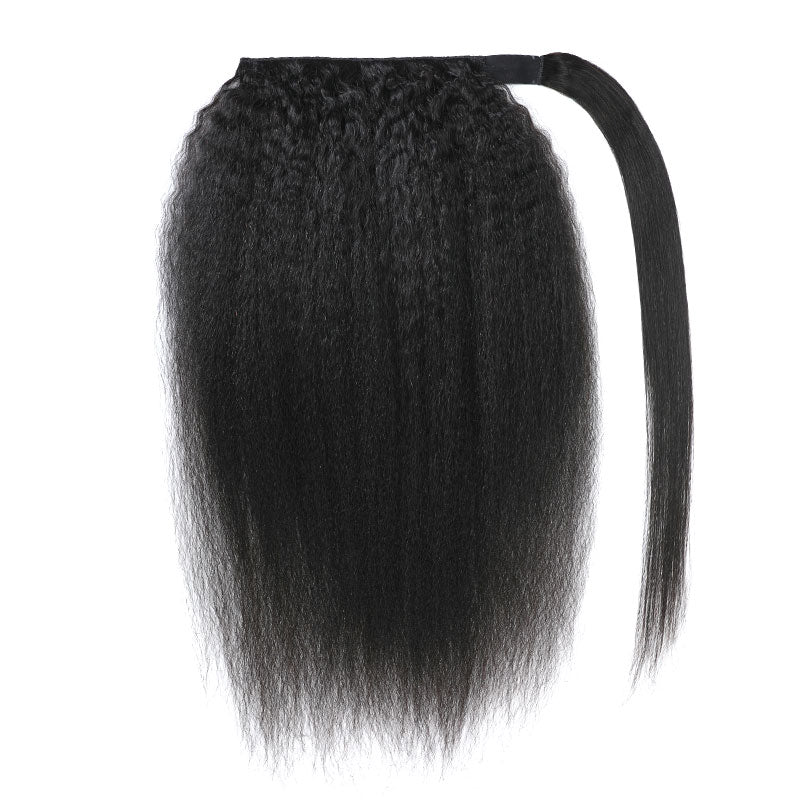 Klaiyi Kinky Straight Ponytail Clip in Hair Extensions Wrap Around Ponytail Braids Natural Black Color