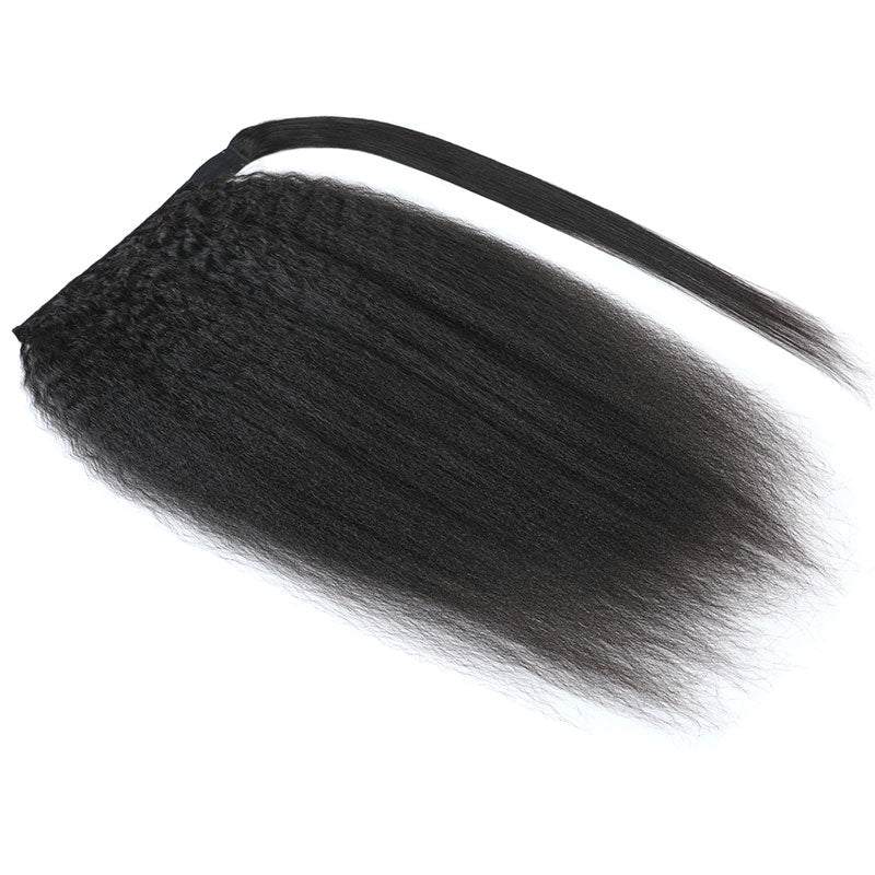Klaiyi Kinky Straight Ponytail Clip in Hair Extensions Wrap Around Ponytail Braids Natural Black Color