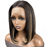 Klaiyi Hair Highlight Bob Wig with Blonde Stripes 13x4 Lace Front Bob Wig Blunt Cut Bob Wig