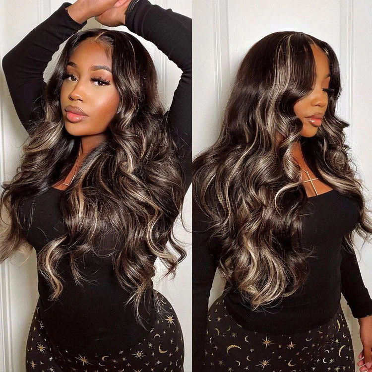 Buy 1 Get 1 60% OFF,Code:OFF60 | Klaiyi 13x4 Lace Front Wig Chocolate Brown With Peek A Boo Blonde Highlights Body Wave Wig