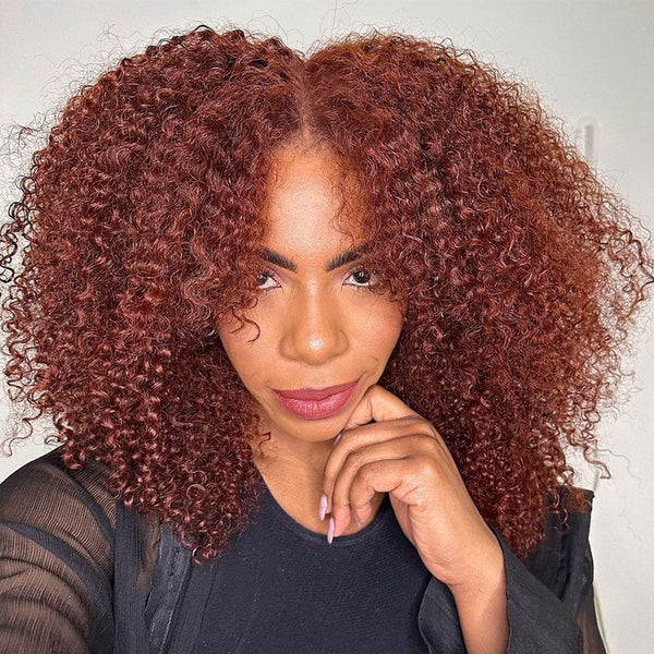 Klaiyi Pre-Cut 4C Afro Kinky Curly Wig Auburn Brown 13x4 Lace Frontal Wig Flash Sale Put On and Go Wig