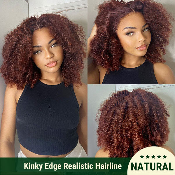 Klaiyi Pre-Cut 4C Afro Kinky Curly Wig Auburn Brown 13x4 Lace Frontal Wig Flash Sale Put On and Go Wig