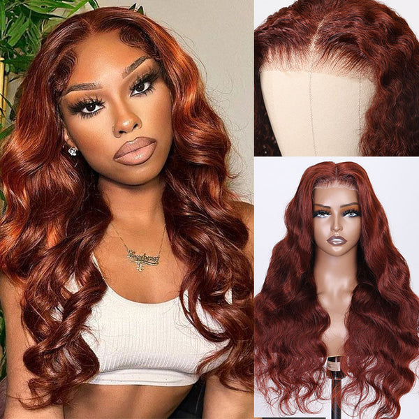 Buy 1 Get 1 Free,Code:BOGO | Klaiyi 6x4.5 Reddish Brown Wear Go Larger Lace Lace Wig Body Wave/Kinky Curly/Water Wave