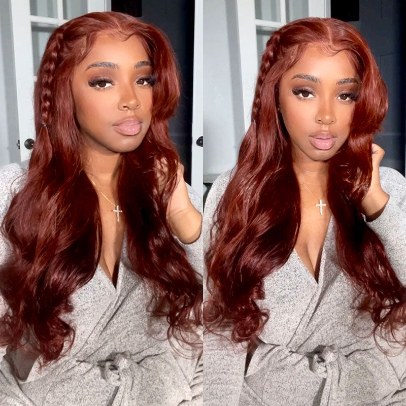 Buy 1 Get 1 60% OFF,Code:OFF60 | Klaiyi Reddish Brown Hair Body Wave Or Jerry Curly  Wigs 13x4 Lace Front Wig