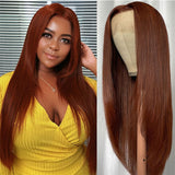 Klaiyi Reddish Brown Bone Straight 13x4 Lace Front Wig Human Hair With Layer Inner Buckle Auburn Copper Color