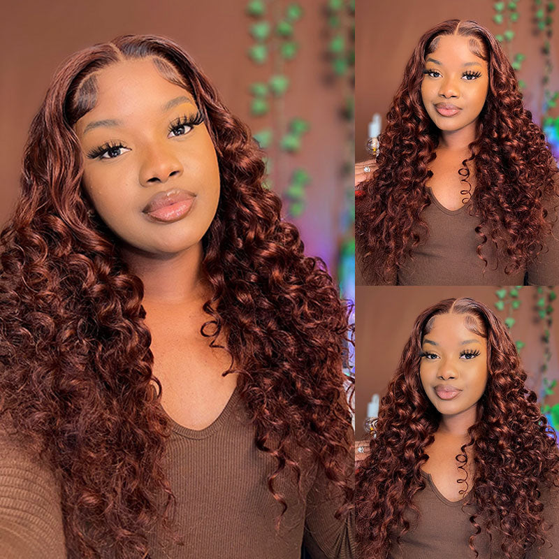Klaiyi 180% Density Reddish Brown Dark Red Color Deep Wave Lace Front Wig Flash Sale