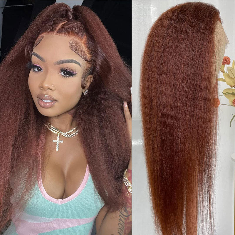 Klaiyi Pre-Cut Lace Wig Wear & Go Reddish Brown Kinky Straight Human Hair Wig with Breathable Cap
