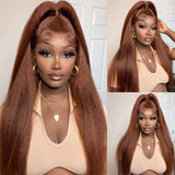 Klaiyi Pre-Cut Lace Wig Wear & Go Reddish Brown Kinky Straight Human Hair Wig with Breathable Cap