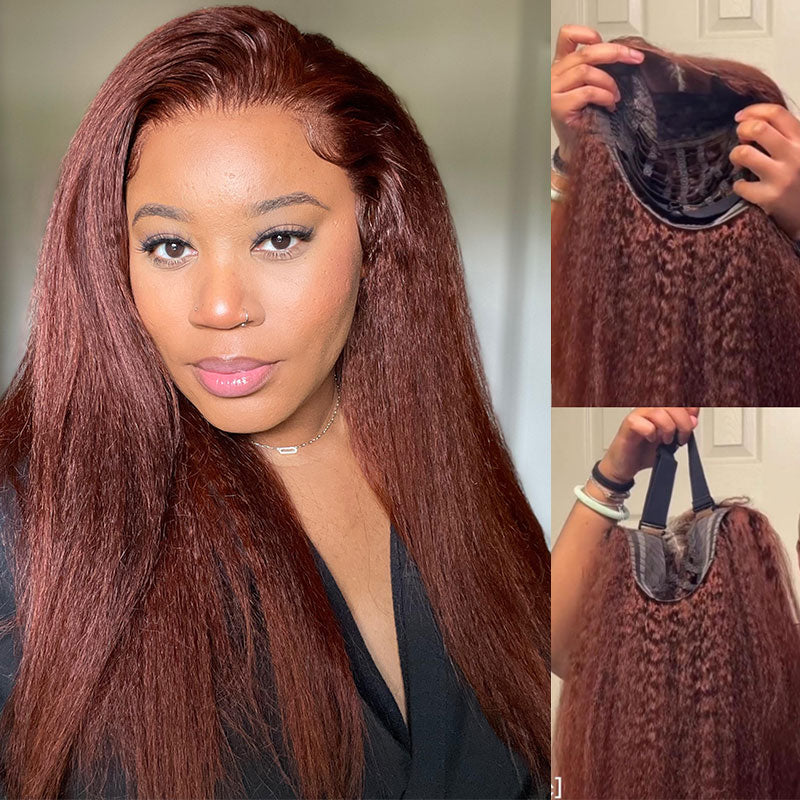 Klaiyi Pre-Cut Lace Wig Wear & Go Reddish Brown Kinky Straight Human Hair Wig with Breathable Cap