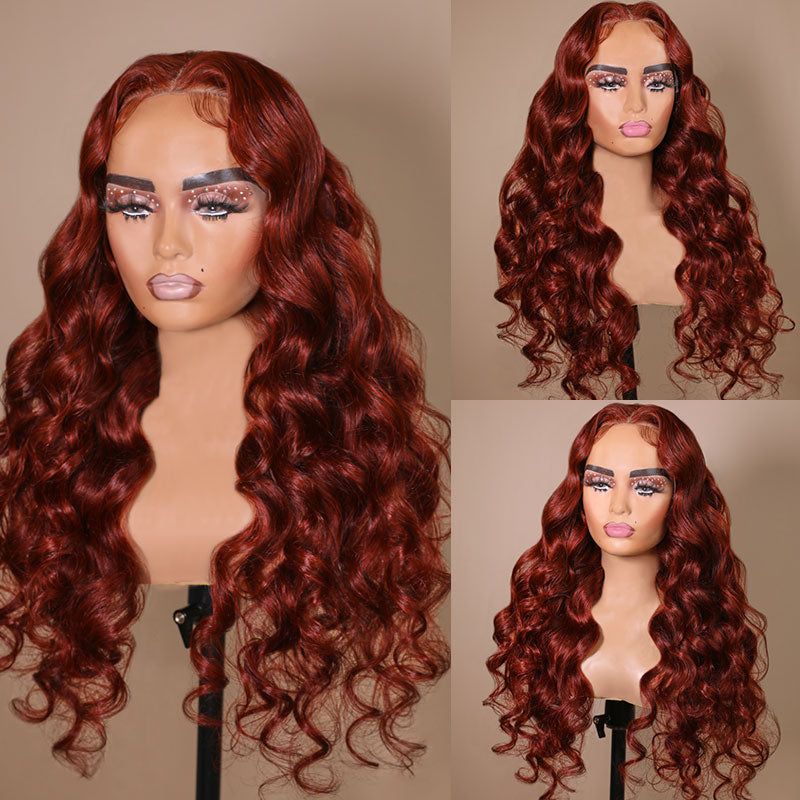 Klaiyi Pre-Cut Lace Wig Wear & Go Wig Brunette Auburn Copper Color Lace Wig
