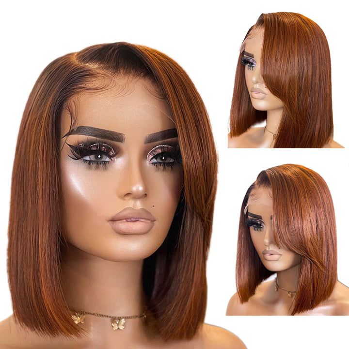 Klaiyi Short Bob Lace Front Wig Reddish Brown Auburn Copper Human Hair for Women