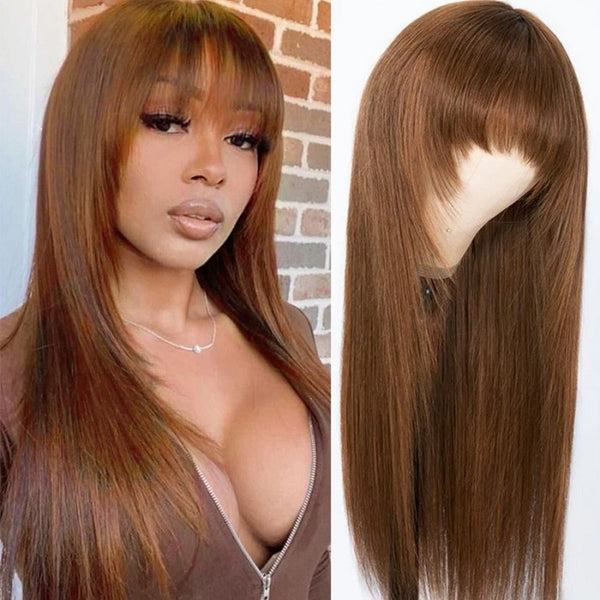 Klaiyi Glueless Wigs Human Hair with Layer Inner Buckle Dark Brown Color Bone Straight Wig with Bangs