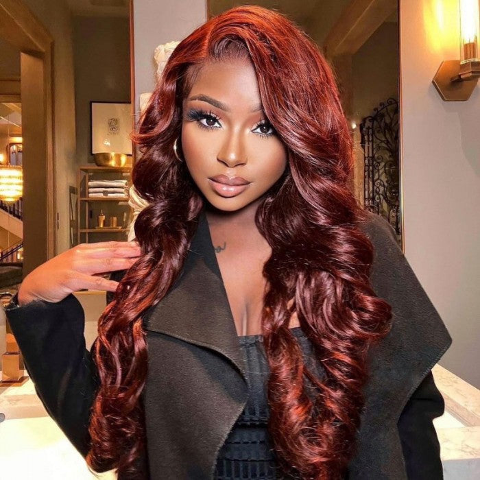 Klaiyi Reddish Brown Body Wave Lace Closure Wig 5*5 HD Glueless Lace Wig Human Hair Fall Color Trend
