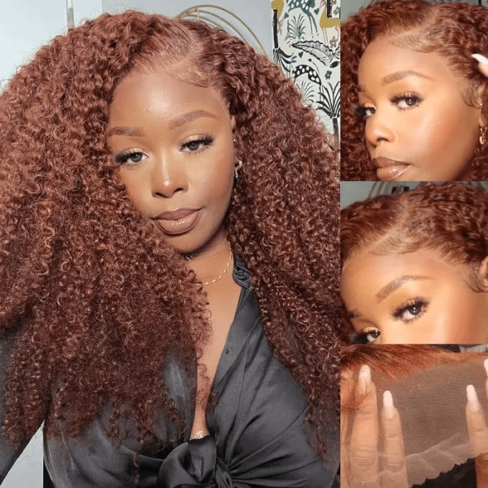 Klaiyi Auburn Brown Color 13x4 Glueless Lace Frontal Wig Kinky Curly Human Hair