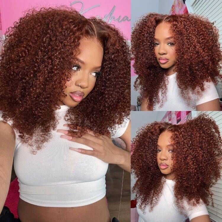 Klaiyi Auburn Brown Color 13x4 Glueless Lace Frontal Wig Kinky Curly Human Hair